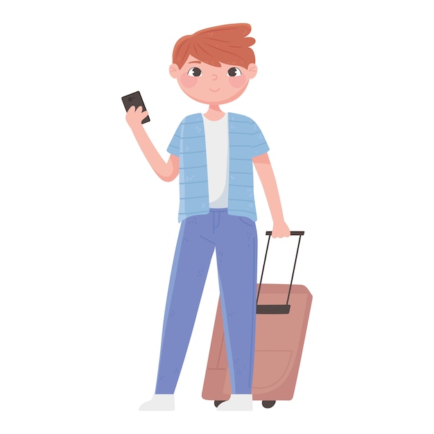 旅行中の人々、スマートフォンとスーツケースのイラストを持つ若い男の旅行者
