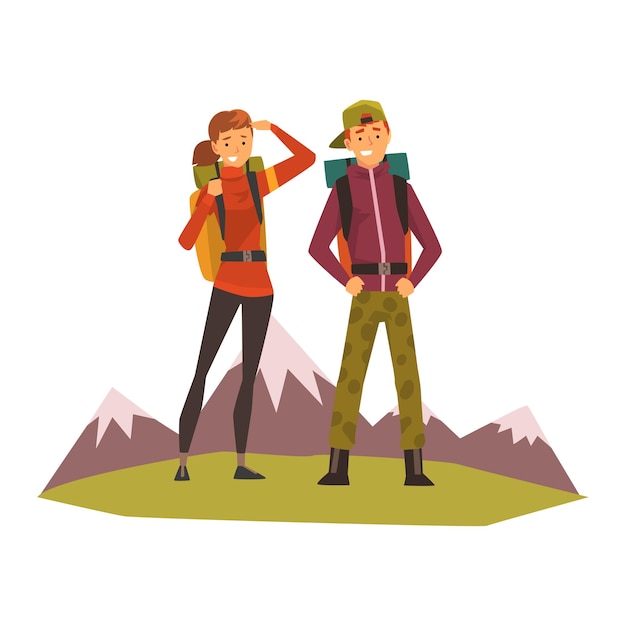 People travelling couple hiking mountain landscape backpacking trip or expedition vector illustration isolated on a white background