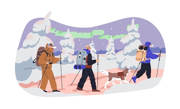 벡터 겨울 휴가에 트레킹하는 사람들, 눈과 추운 날씨에서 산책하는 하이커와 개, 기둥과 함께 산책하는 친구 관광객, 북쪽 모험 여행, 색 바탕에 고립된 평평한 터 일러스트레이션