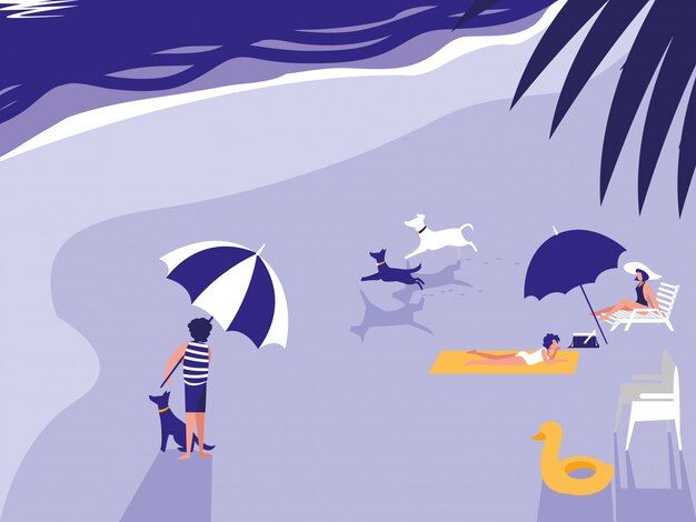 Vector people in tropical beach seascape