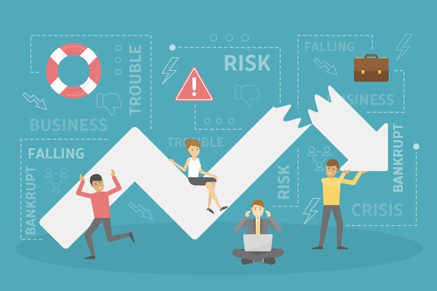 Vector people try to fix the falling down arrow as metaphor of business crisis. finance fall and failure. economic dicrease. flat vector illustration