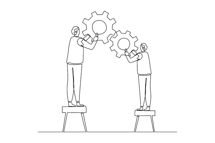 Vector people try to unite gears in a continuous line style