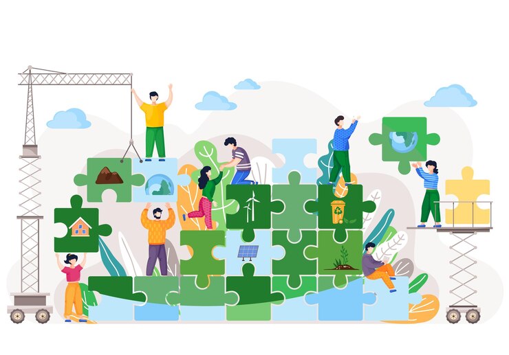 Vector people trying to save world ecology volunteers male and female characters are working together building a green planet from blocks of puzzles earth day environment saving and nature care concept