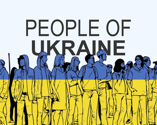 People of Ukraine with flag silhouette of many people gathering idea