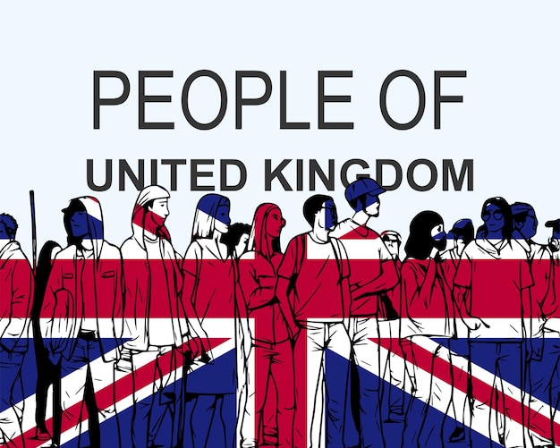 People of United Kingdom with flag silhouette of many people gathering idea