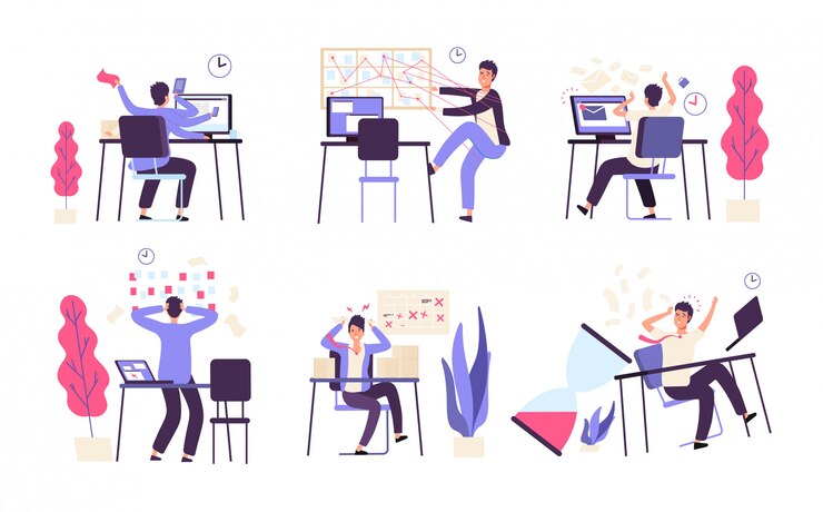 Vector people unorganized. men fail scheduled task efficiency productivity time management vector concept