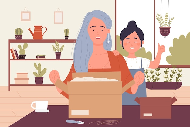 People unpack open postal package happy family mother and daughter pack parcel box