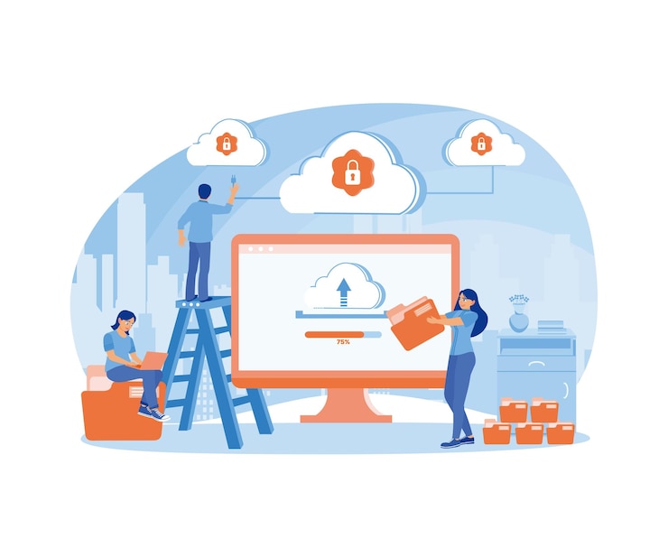 Vector people upload data on computers storing files in the data center could computing concept flat vector illustration