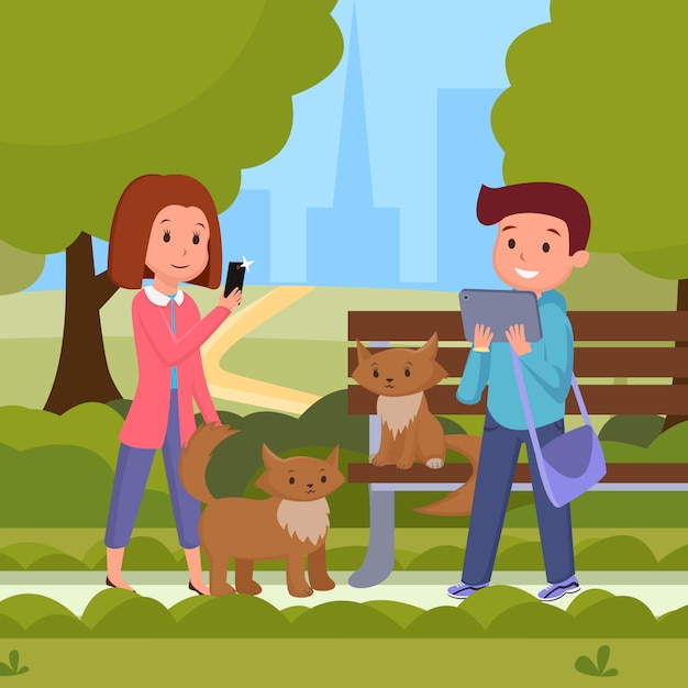 People in urban park flat illustration. Male, female characters relaxing in recreational urban park