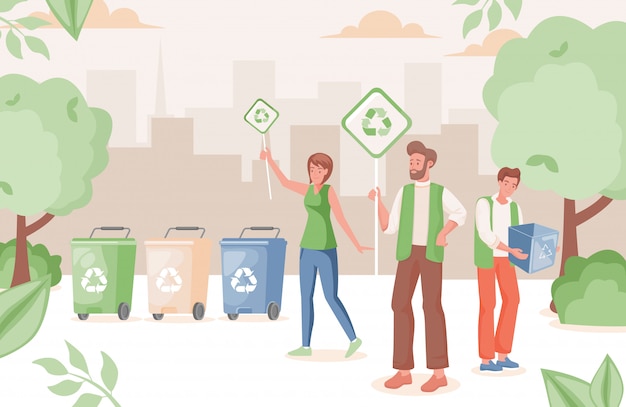 People in urban park recycling waste   illustration. Man and woman hold placards with recycle sign.