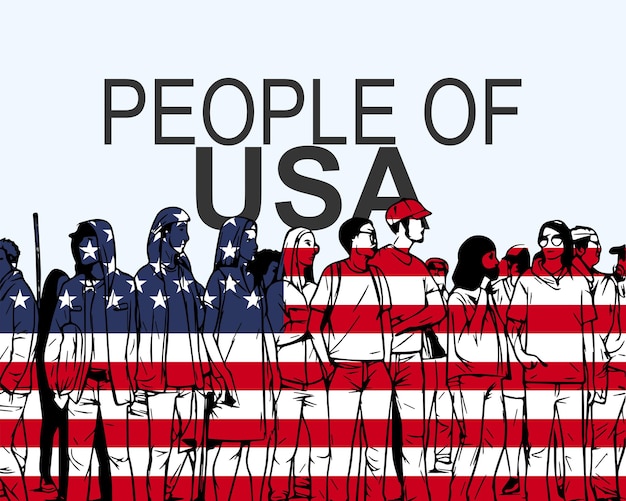 People of USA with flag silhouette of many people gathering idea