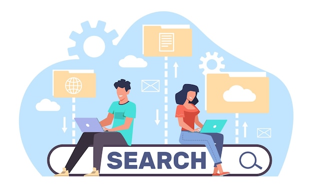 People use laptop to search for files in an electronic database Man and woman with computer on bar template for website Ask question online Cartoon flat isolated illustration Vector concept