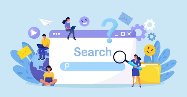 People use search bar. searching information in internet, communication in social network. characters using phone and laptop for searching info in web browser. search engine optimization and analytics