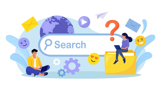 Vector people use search bar. searching information in internet, communication in social network. characters using phone and laptop for searching info in web browser. search engine optimization and analytics