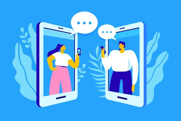 Vettore le persone usano lo smartphone per chattare nei social media dialogo di conversazione di comunicazione messenger