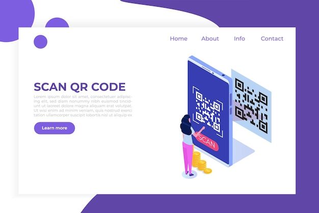 Vettore le persone usano lo smartphone per la scansione del codice qr. modello di pagina di destinazione.