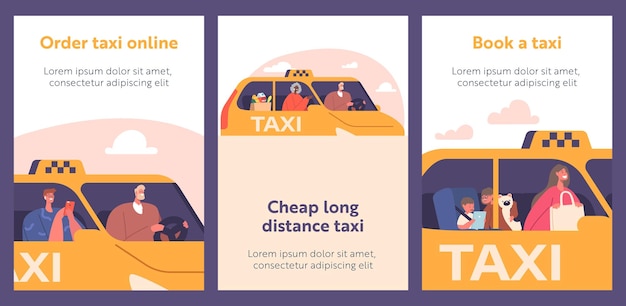 사람들은 택시 서비스 만화 배너를 사용하여 창을 통해 택시 측면 보기에서 고객 또는 클라이언트 및 드라이버 캐릭터를 사용합니다.