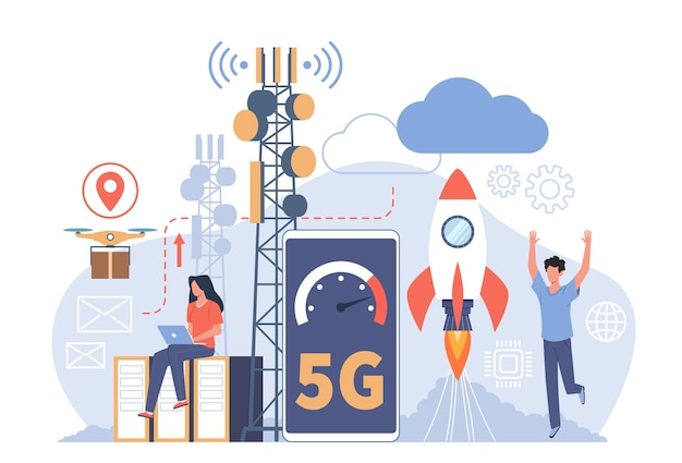 사람들은 무선 5g 송신기 타워를 다른 응용 분야 모바일 통신 시스템 고속 인터넷 행복한 남자와 여자 벡터 격리 개념을 사용합니다.