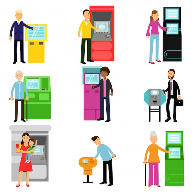 Люди, использующие банкоматный набор, мужчина и женщина, делающие деньги в банкомате, ввод или снятие денег Иллюстрации