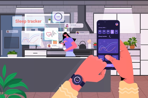 Le persone che utilizzano il tracker elettronico dell'app per l'orologio intelligente a disposizione interni della cucina del concetto di controllo del sonno di qualità e quantità