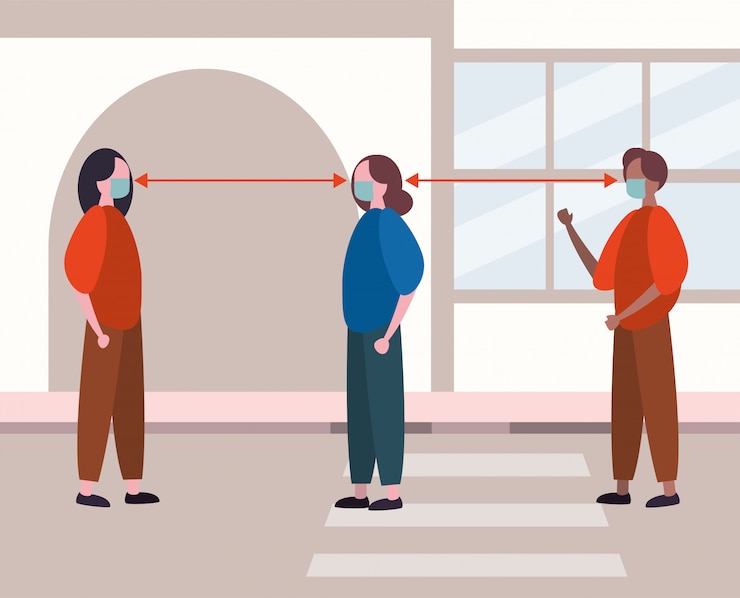Vector people using face masks with social distancing for covid19