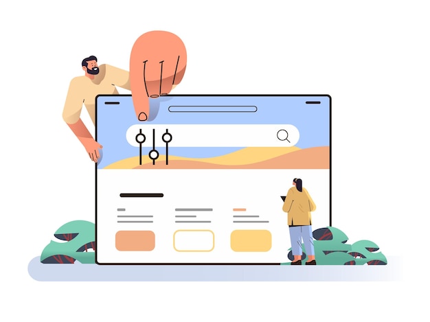 Vettore le persone che utilizzano l'applicazione online del servizio di filtraggio sullo schermo del computer portatile filtrano i risultati della ricerca raggruppando e ordinando l'illustrazione vettoriale orizzontale del concetto