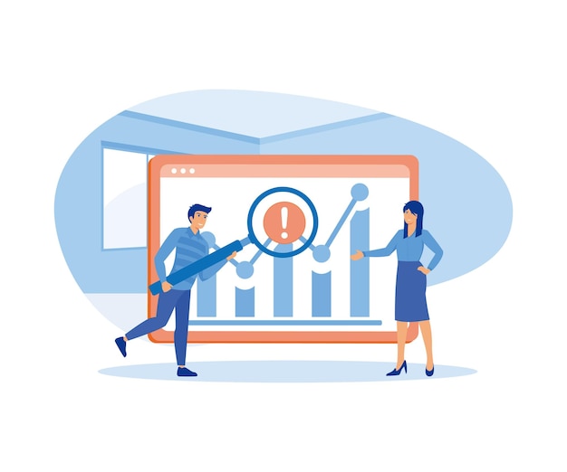 Vector people using magnifying glass to analyzing large sets of data and recognizing mistakes