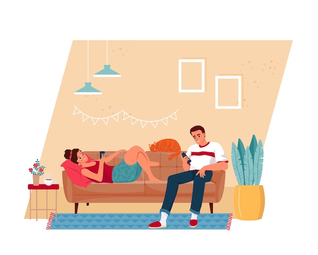 Vector people using mobile phones at home happy couple looking on smartphones and surfing the internet