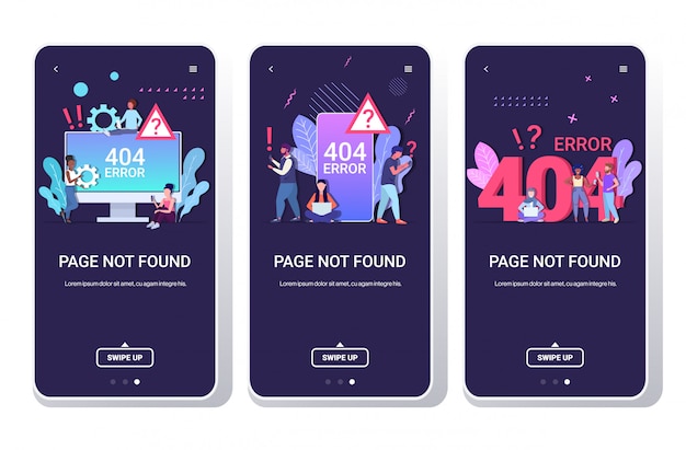 オンラインアプリ404ページを使用していない人々コンセプトが見つかりませんインターネット接続の問題メッセージウェブサイト建設中のスマートフォンスクリーンセットフルレングス水平