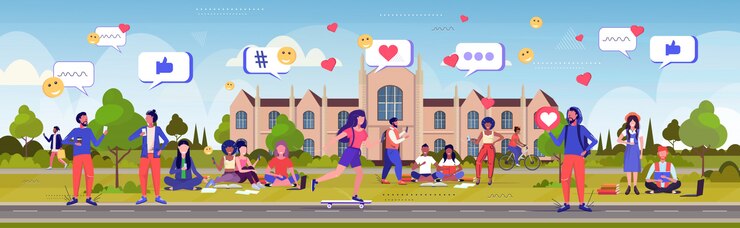 Vector people using online mobile app social media network communication digital addiction concept mix race students relaxing outdoor university or college campus sketch full length horizontal