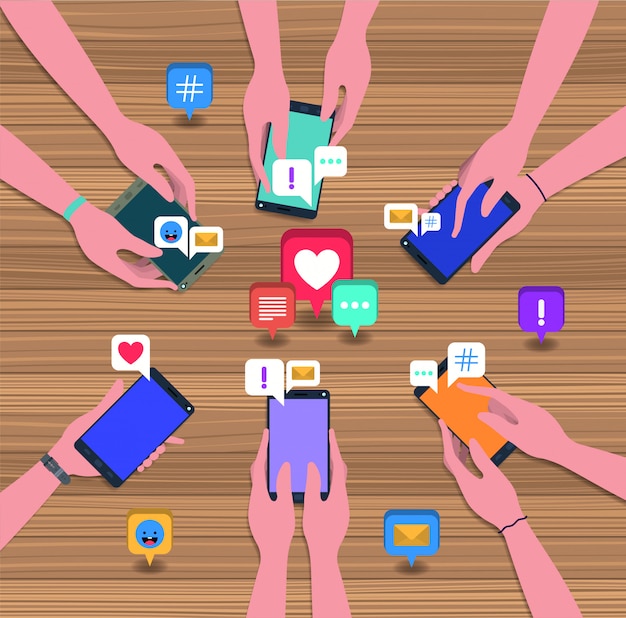 people using smartphone with coffee cup and social icons