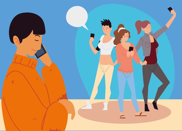 People using smartphone, women taking selfie and man calling illustration