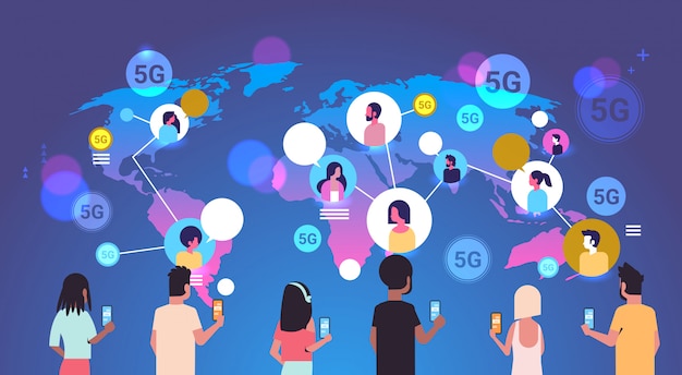 벡터 스마트 폰 5g 온라인 무선 시스템 연결을 사용하는 사람들 글로벌 커뮤니케이션 개념 혼합 경주 남자 여자 채팅 세계지도 배경 세로 가로