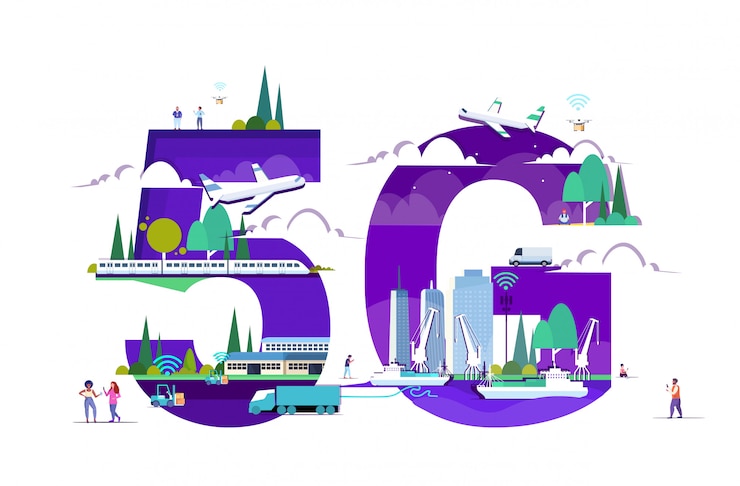 Vector people using smartphones 5g online wireless system connection truck train freight ships plane and drones over cityscape background horizontal full length