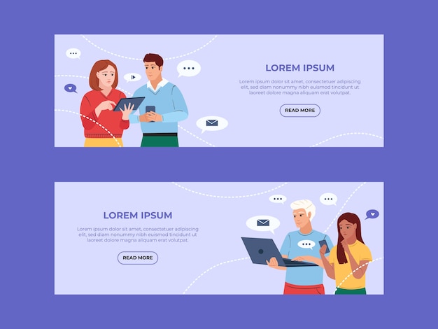 people using technology banner set