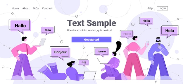 Persone che utilizzano l'applicazione di traduzione saluto multilingue concetto di comunicazione online internazionale a lunghezza intera spazio copia orizzontale