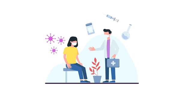 People vaccination concept for immunity health. Covid-19. Doctor makes an injection of flu vaccine to man in hospital. Vaccine explanation. Healthcare, coronavirus, prevention and immunize