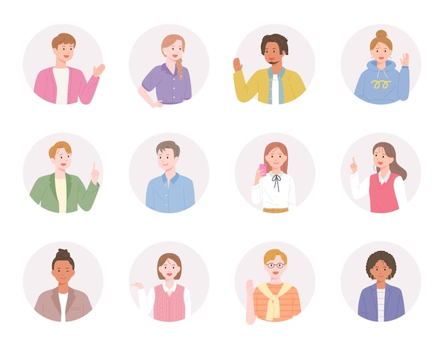 Vector people of various styles are making gestures in a round frame