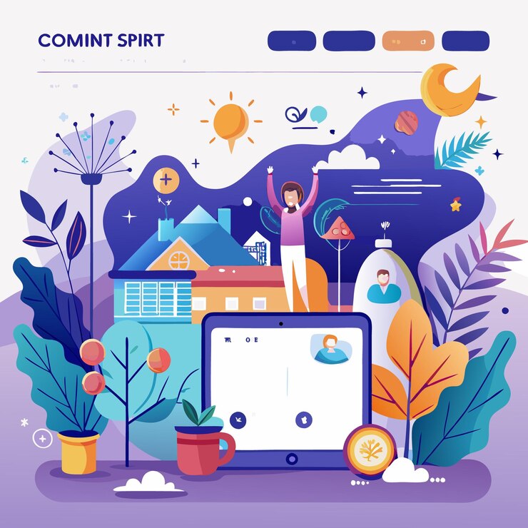 Vector people on video call with tablet and home background with sun and moon illustration