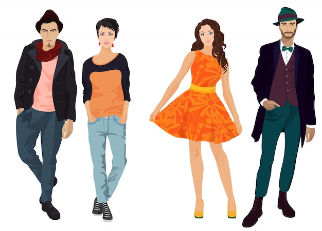 Vector people in vintage and casual clothes