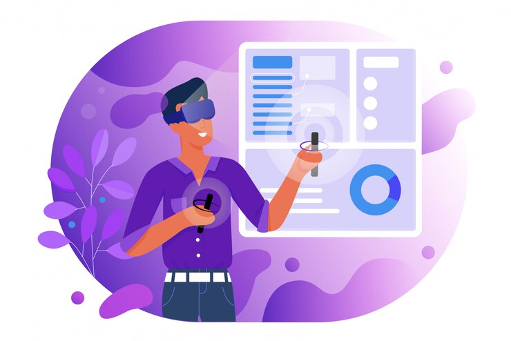 Vector people in virtual reality illustration. cartoon flat man player character in vr glasses headset and digital devices play game, have new real experience. futuristic technology isolated on white