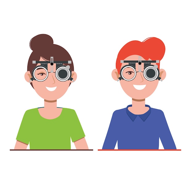 안경으로 시력을 검사하는 안과 클리닉의 사람들의 시력 검안사