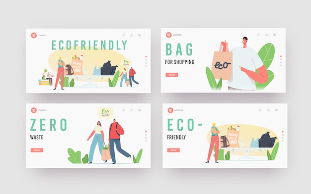 Люди посещают магазин с многоразовыми эко-сумками и набором шаблонов целевой страницы упаковки. персонажи используют экологическую упаковку для покупок в магазине. охрана окружающей среды, покупка. мультфильм векторные иллюстрации