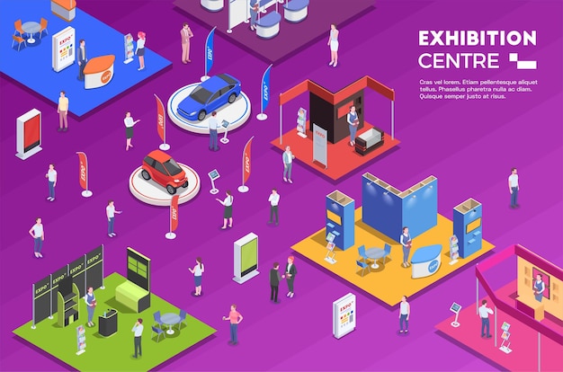 People visiting exhibition center with colorful exposition stands isometric illustration