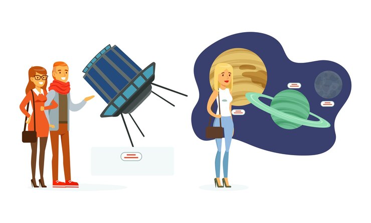 Vector people visiting exhibition in planetarium set visitors watching models of planets and space satellite people at science museum cartoon vector illustration