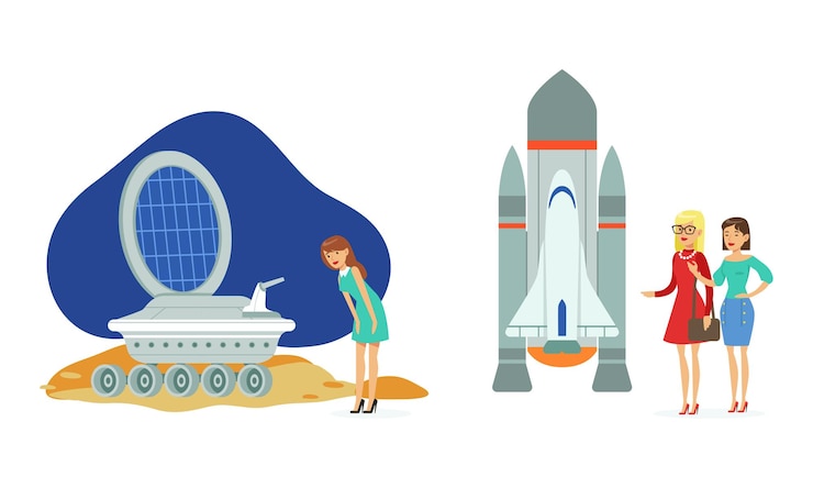 Vector people visiting exhibition in space museum set visitors watching space rocket satellite rover people at science museum cartoon vector illustration