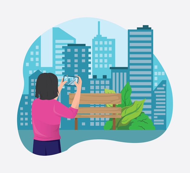 People visiting famous city landmarks and attractions People take photo city landmark flat vector