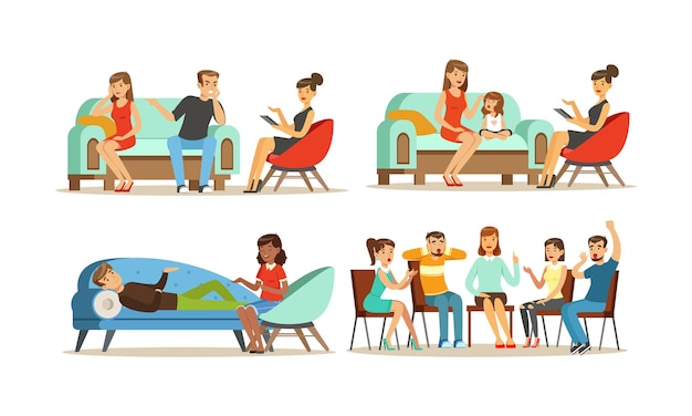 Vector people visiting female psychologist vector illustrations set