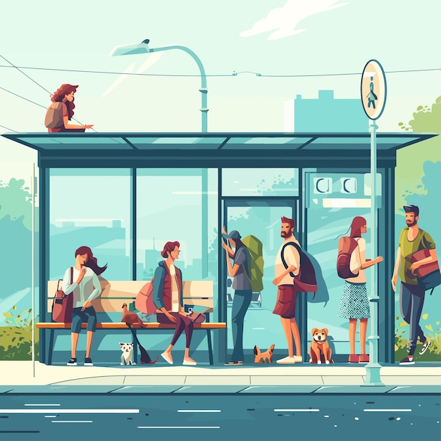 Vector people_wait_on_bus_stopcity_traffic