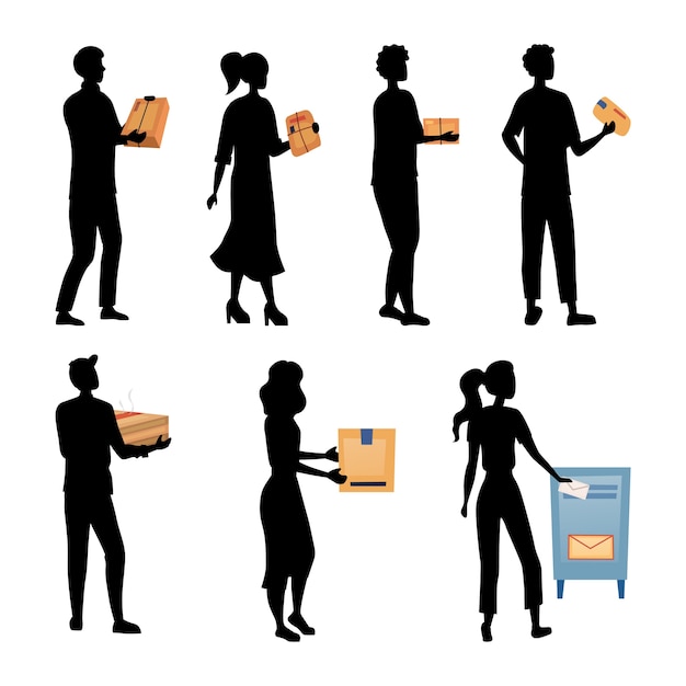 People Wait In Queue To Send Packages And Letters. Set Of Characters Silhouettes Pick up, Send Parcels. Mail Delivery Service, Postage Transportation And Occupation. 